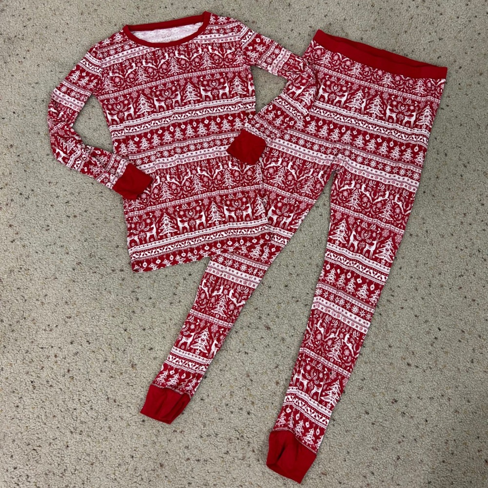 Little Sleepies Pajama Set Red Fair Isle Holiday Reindeer Kids Size 12/14